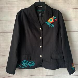 West End Black Denim Blazer Jacket Colorful Floral Embroidery Appliques Size L